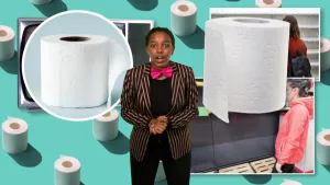 Een foto van Sosha en foto's die met hamsteren, een voorraad aanleggen, te maken hebben. Twee foto's van een wc-rol, een achtergrond met wc-rollen, een foto van iemand die naar lege schappen in een winkel kijkt en iemand bij een leeg, houten laadbord.