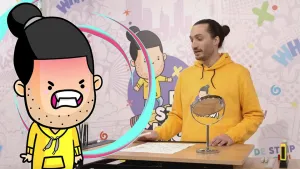Een animatie van striptekenaar Leon achter een bureau. Naast hem en achter hem zie je een stripfiguur in een gele hoody, net als Leon. Het stripfiguur is afgeleid van Leon.