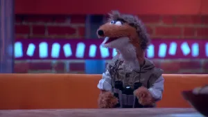 Een foto van pop Victor Vogelspotter. Om zijn nek hangt een verrekijker, waar hij vogels mee spot en van een afstand goed mee kan zien. Hij draagt een groene capuchontrui, heeft een bruine vacht met witte nek en de vacht op zijn kop is donkerkleurig.