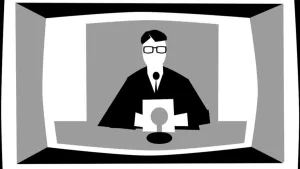 Een tekening in zwarte, witte en grijze kleuren. Op een ouderwetse televisie, een beeldbuis, is een man achter een tafel te zien. De man heeft geen gezicht, maar wel een bril op en een pak aan. Hij leest iets op van een document in een microfoon.