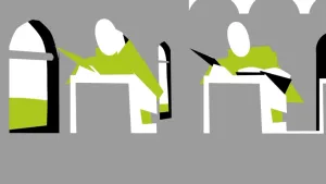 Een tekening in grijze, zwarte, witte en groene kleuren van twee mannelijke figuren zonder ingetekend gezicht. Ze staan allebei achter een tafel te schrijven met een veer. Rechts is op de tafel naast de schrijvende hand een opengeklapt boek te zien.