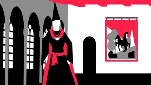 Een tekening van Maria van Bourgondië zonder gezicht, die een zwarte jurk draagt, een rode cape omheeft, een rode strik om haar middel en een zwarte punthoed op. Achteraan hangt een stoffen doek op een zwarte buis, waar een ridder op een paard opstaat. 