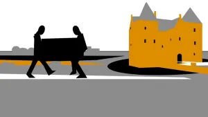 Een tekening van volledig zwartgekleurde vormen van mannen zonder gezicht, die een volledig zwart, rechthoekig ding aan het sjouwen zijn. Rechts is een geel kasteel te zien met twee grijze torens.