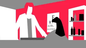 Een tekening van een gezichtsloze, roodharige Aletta Jacobs met witte jas achter een balie. Ervoor is een grijze bol met een soort puntmuts te zien, een klein mens? Op de muur hangt een vel met letters, zoals bij een oogarts en op een rek staan flesjes.