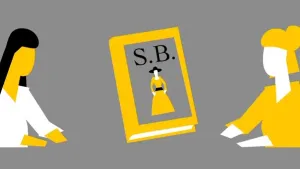Een tekening van Betje Wolff en Aagje Deken zonder gezicht, zichtbaar van hoofd tot middel. Het door hun geschreven, geelgekleurde boek Sara Burgerhart staat ertussen met de letters S.B. erop en een vrouw zonder gezicht in gele jurk en met zwarte hoed.  