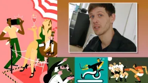 Een animatie van illustrator Joren Joshua, samen met zijn werk. Je ziet vier tekeningen die hij gemaakt heeft. Je ziet bijvoorbeeld een vrouw met een glas wijn onder een parasol. Een man maakt een foto van haar.