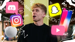 Een animatie van presentator Jard. In het beeld zie je ook getallen en vraagtekens staan. Ook zie je een smartphone en de logo's van Instagram, Snapchat en YouTube.
