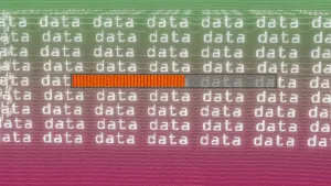 Een animatie van een beeld met allemaal golvende lijntjes. Daarop staat tientallen keren het woord 'data'. In het midden zie je een statusbalk die ongeveer halverwege is. 