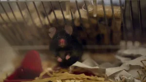 Een foto van een zwarte muis vóór een schuin metalen rek met voer, lichtbruine, ronde korrels. De muis staat op de achterpoten en kijkt recht naar de camera. De muis heeft een rode neus, roze voorpoten, zwarte kraalogen en rechtopstaande oren. 