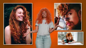 Een foto van Sosha met een rode pruik met krullen, haar handen gespreid met de handpalmen omhoog. Ernaast drie foto's van mensen met rood haar, twee krullend: een lachende vrouw en een man die zijn zonnebril afzet en een meisje zonder krullen die tekent.