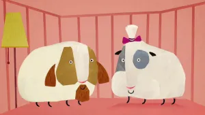 Een tekening van twee cavia's met een roze hek erachter en een gele lamp met trekkoord ernaast. De ene is wit met bruin gevlekte wangen en een soort bruin baardje. De andere heeft grijze vlekken om de ogen en een paarse strik om een omhoogstaand staartje.