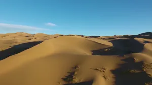 Een foto van een woestijn met geelbruine zandheuvels. Op de zandheuvels staan enkele stukken gras. De lucht erachter is blauw en er is maar een enkel stukje van een witte wolk te zien linksachter.