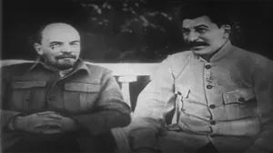 Een foto van Stalin en Lenin. Stalin was de leider van de Sovjet-Unie en Lenin de premier.
