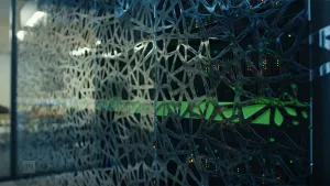 Een foto van een supercomputer van dichtbij. De supercomputer is een paar meter breed.