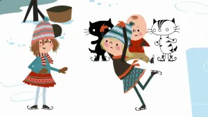 Een illustratie van twee meisjes die samen op het ijs aan het schaatsen zijn. Pim, Pom en een jongetje die op de grond zit kijken toe, ze hebben allemaal schaatsen aan.