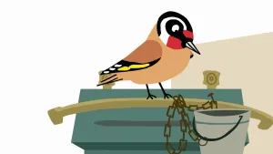 Een illustratie van een vogeltje die op een stang zit waar een emmer aan hangt die vast zit met een ketting. Het vogeltje kijkt naar de emmer.