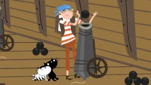 Een illustratie van Pim en Pom die aan boord van een oud schip zijn en naast een man staan die een kanon aan het vullen is.