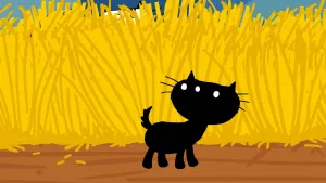 Een illustratie van Pom die in het 'Korenveld met kraaien' van Vincent van Gogh naar Pim aan het zoeken is.