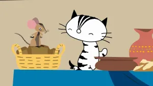 Een illustratie van Pim die bovenop een tafel zit. Er staat een mand naast Pim waar een muis op staat die naar Pim kijkt.