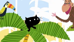 Een illustratie van Pom die bovenop een palmboom zit. Links is een tropische vogel te zien en rechts een lachende aap.