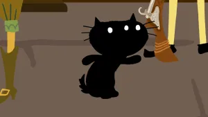 Een illustratie van Pom die tussen mensen door loopt. Alleen de benen van de mensen zijn te zien.