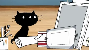 Een tekening van de zwarte kat Pom. Hij zit op de grond en om hem heen staan allemaal schilderspullen, zoals doeken en kwasten.