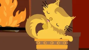 Een tekening van een gouden kat, op een gouden standaard. Links in beeld zie je een brandende open haard. De kat heeft haar ogen dicht en likt aan haar staart.
