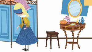 Een tekening van een meisje in Zeventiende-eeuwse kleren. In haar linkeroor zit een oorbel met een parel. Rechts in beeld zie je een make-up tafel met een wandspiegel en een kruk.