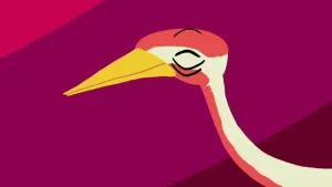 Een tekening van een kraanvogel met een gele snavel die zijn ogen dicht heeft. De achtergrond is paars met rood en bruin.