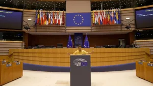 Een foto van Nizar achter een grijze spreektafel met microfoon in een zaal van het Europees Parlement. Er staan en hangen blauwe vlaggen van de Europese Unie met gele sterretjes in een cirkel. Achteraan hangen ook vlaggen van in totaal 27 Europese landen.