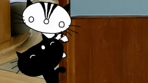 Een animatie van de poezen Pim en Pom in een kamer. Ze kijken om de hoek van een deur. 