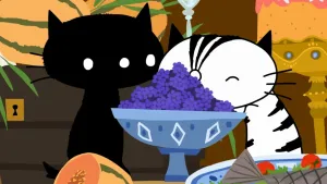 Een tekening van de poezen Pim en Pom. Ze zitten aan een tafel met veel eten erop. Midden in beeld zie je een grote kom met een hele berg blauwe bessen erop. Ze kijken daar naar.