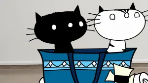 Een tekening van de poezen Pim en Pom. Ze zitten in een kamer in een blauwe tas en kijken dezelfde kant op.