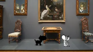 Een animatie van de poezen Pim en Pom in een museum. Ze kijken naar een beroemd schilderij. Daarop zie je allemaal vogels rondom een watertje. Naast het schilderij zie je hele oude stoelen en spiegels. 