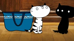 Een animatie van de poezen Pim en Pom op een houten vloer. Ze kijken elkaar aan. Naast Pim staat een blauwe tas getekend. 