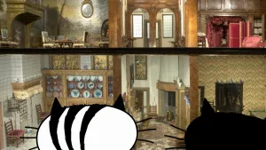 Een animatie van Pim en Pom die voor een beroemd poppenhuis staan. Ze kijken naar binnen. Je ziet allemaal verschillende kamers van zoals huizen er 300 jaar geleden uit zagen.