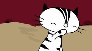 Een tekening van de witte poes Pim. Hij houdt een poot voor zijn mond en glimlacht. Hij heeft zijn ogen dicht.