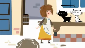 Een tekening van de poezen Pim en Pom. Ze zitten op een tafel en kijken naar een vrouw met nogal piekerig haar. Ze heeft een schort aan en kijkt naar Pim en Pom. Op de grond ligt een plas modder.