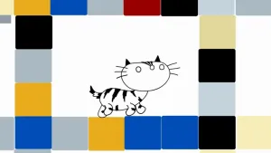 Een tekening van de poes Pim. Hij loopt in een rechthoek bestaande uit allemaal gekleurde vierkanten. Het lijkt op een kleurrijk raam.