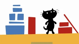 Een tekening van de zwarte poes Pom. Hij staat op een gele ondergrond, tussen rode rechthoeken. Naast hem staat ook nog een stapel blauwe rechthoeken. 