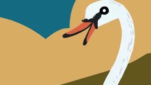 Een tekening van de kop en hals van een zwaan. De zwaan heeft haar bek open. Ze kijkt wel vriendelijk.