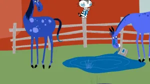 Een tekening van twee blauwe veulens in de wei. Een van de veulens gooit een blik blauwe verf om en dat geeft een blauwe plas. Een poes staat te kijken vanaf een hek achter de veulens.