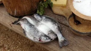 Een foto van een houten tafel met drie dode, zilvergrijze vissen op een grijze schaal, door zout met of zonder water erbij gepekeld. Door pekelen kan eten langer bewaard worden. Een plank met kaas of boter en een kom met bruine korreltjes staan ernaast.