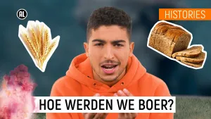 Een foto van Nizar met ernaast twee plaatjes: één van de bovenste vijf stukjes van een geelkleurig graangewas, wat een aar genoemd wordt en een stuk gesneden bruin brood. Voorop staat de tekst "Hoe werden we boer?" naast een roze rookwolk.
