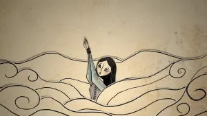 Een tekening van een vrouw in een golvende zee. Haar handen zijn aan elkaar gebonden, en ze kijkt bang. 