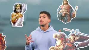 Een foto van Nizar met tekeningen ernaast van goden. Zeus is te zien met een groene krans om zijn hoofd en bliksemschicht in zijn hand, Jezus Christus met een lammetje en stok en Wodan met een helm met witte vleugels en een speer in handen op een paard.