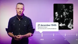 Een foto van een presentator naast een zwart-wit foto van mensen aan een tafel, waarvan één iemand een handtekening zet op een wit vel. Ervoor staat een tijdlijn en de tekst "27 december 1949: Nederland erkent de Indonesische onafhankelijkheid".