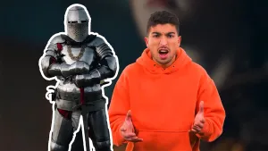 Een foto van Nizar in een rode trui met open mond en gefronste wenkbrauwen. Links van hem staat een foto van een ridder in een harnas, een metalen pak met helm waarin gaatjes voor zijn ogen en mond zitten en met zwaard waarvan de punt naar beneden wijst.