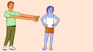 Een tekening met daarop een jong meisje. Ze staat en heeft alleen haar ondergoed aan. Naast haar staat een volwassen man getekend. Hij heeft hele lange armen en daarmee raakt hij het meisje net niet aan. Ze kijken elkaar aan.