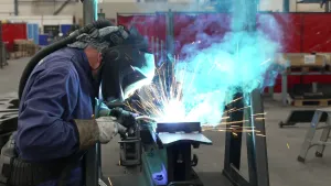 Een foto van een fabriekshal en een persoon in veiligheidskleding: jas, handschoenen, masker en bril. De persoon houdt de ronde opening van een lasapparaat voor een stuk staal op een werkbank. Er springen rode vonken af en er stijgt blauwe rook op. 